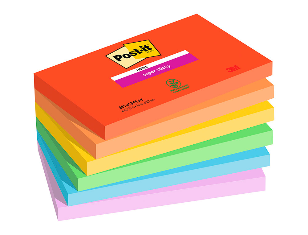 BLOC NOTES POST-IT SUPER STICKY COLLECTION PLAYFUL 76 X 127 MM, 6 BLOCS 90 FEUILLES